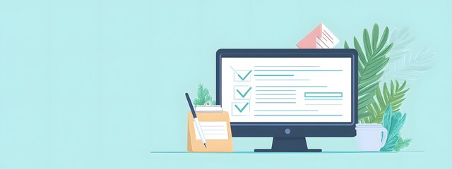 A flat vector illustration of an online form on the screen, next to it is clipart with check marks and a pen