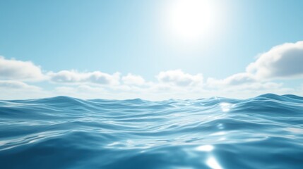 Calm blue ocean waves with bright sunshine and white clouds.