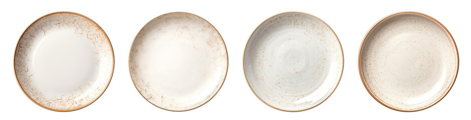 Set of vintage, retro, provence ceramic different empty beige plates or saucers with a rustic edge texture. Isolated cutout on transparent or white background.