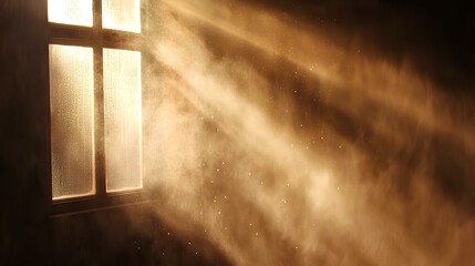 Close-up of sunlight streaming through a dusty window in an empty room, highlighting the dust particles in the air