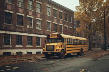 Obraz premium A bright yellow school bus sits idle on a deserted street next to charming brick buildings as autumn leaves cover the ground, hinting at the cool weather approaching.
