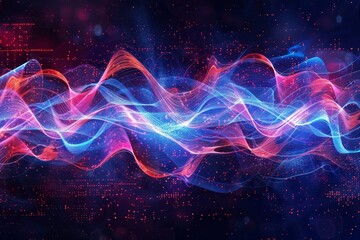 Obraz premium Colorful waves of light intertwine in an abstract display, emitting a sense of motion and energy in an engaging dark backdrop with floating particles.