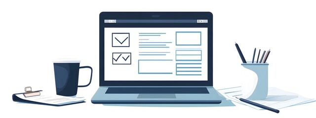 A flat vector illustration of an online form on the screen, next to it is clipart with check marks and a pen