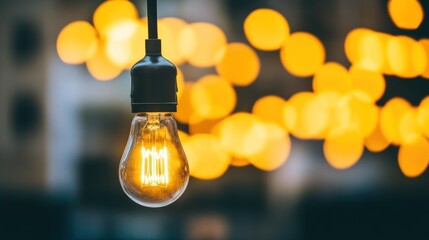 A Single Illuminated Lightbulb Against a Background of Blurred Yellow Lights