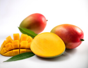 mangoes whole and sliced pattern with side position provides copy space for text. background concept isolated white