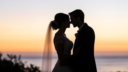 Silhouette of newlyweds sharing a quiet moment at dusk, with the horizon bathed in warm evening light