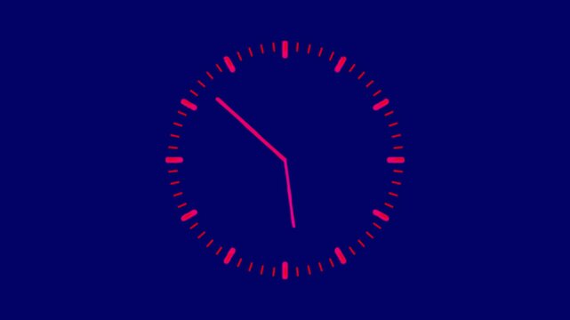 The wall clock red color moving around 12 hour animated on deep blue color screen.