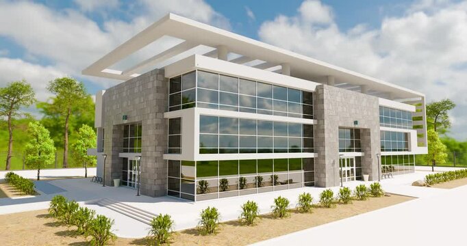 4k Upward Crane of Beautiful New Contemporary Commercial Office Building. 3D Rendering.