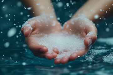 Hands immersed in steaming water, capturing serenity in a tranquil moment