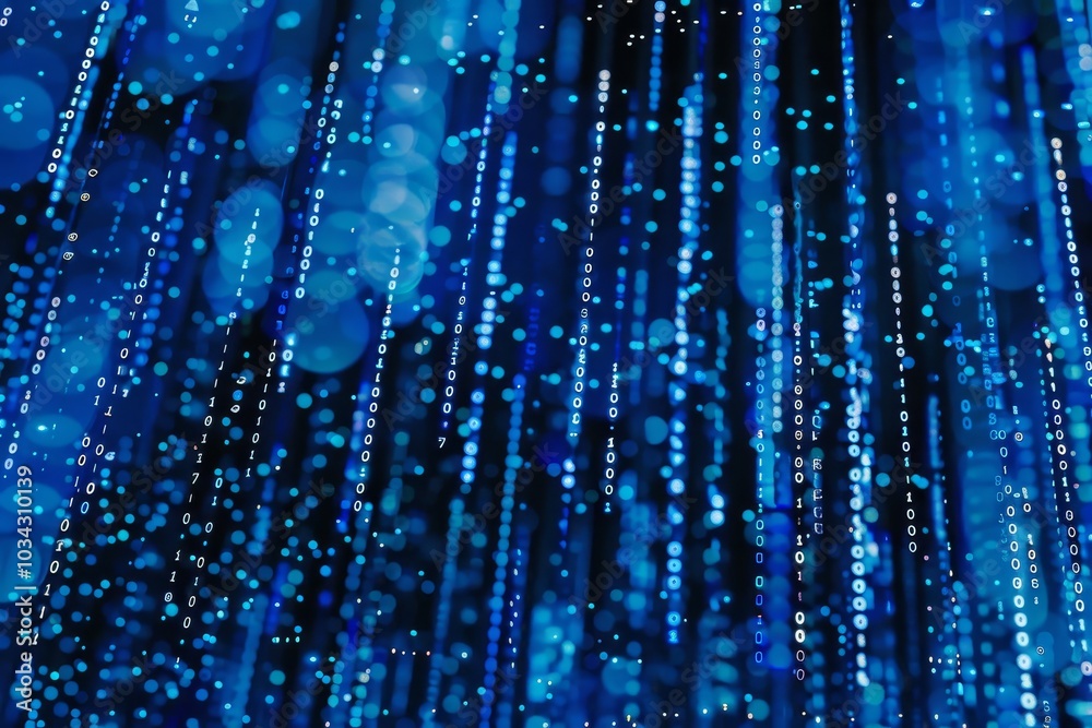 Poster a cascading effect of binary code streams downward against a rich blue backdrop, illustrating the co