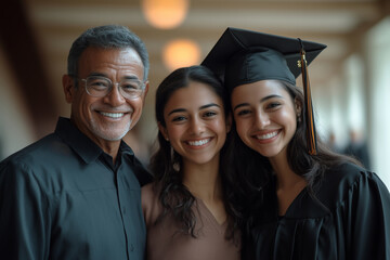 Fototapeta premium Joyful graduation celebration of a proud student with her supportive parents