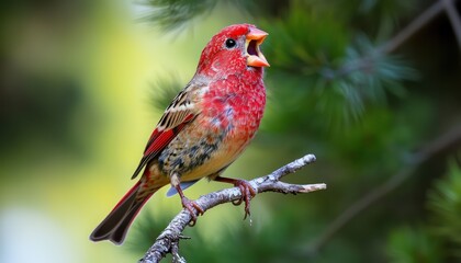 A bright red finch chirping while perched on a delicate branch its feathers vibrant against the forest background