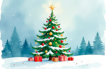 Fototapeta premium A decorated Christmas tree with a star on top on a winter background. Illustration. Space for text