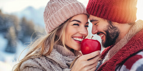 happy couple celebrating "Eat a Red Apple Day," enjoying fresh red apples together. The scene radiates joy, health, and love, symbolizing togetherness and wellness.