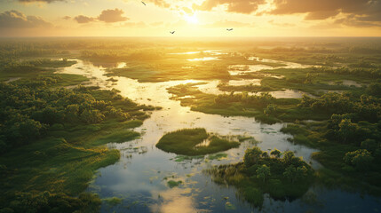 Aerial view of a river delta with lush greenery, showcasing the beauty of nature.