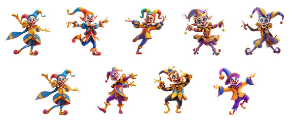 Happy jester dancing and posing, 3D cartoon illustration, isolated on transparent background, cute animated style, beautiful colors, Generative ai