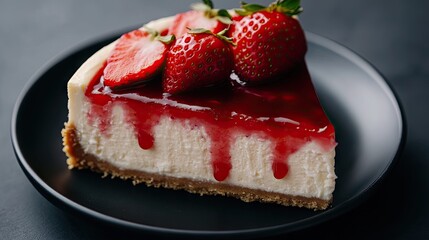 A decadent slice of creamy cheesecake is garnished with vibrant fresh strawberries, elegantly presented on a sleek black plate in a contemporary environment.