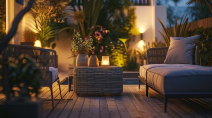 Fototapeta premium A modern and understated outdoor patio with comfortable outdoor furniture a few potted plants and soft lighting offering a peaceful retreat from the hectic world.