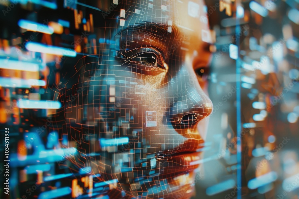Poster the woman's face is highlighted by glowing digital patterns and data streams, creating a dynamic and