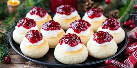 plate of small round pastries topped with whipped cream cranberry sauce tasty delicious food photography