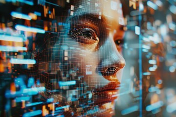 The woman's face is highlighted by glowing digital patterns and data streams, creating a dynamic and immersive atmosphere full of technology and innovation.
