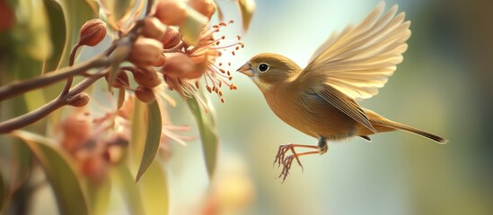 A finch fluttering its wings as it hovers near a flower its tiny feet about to land on a delicate branch