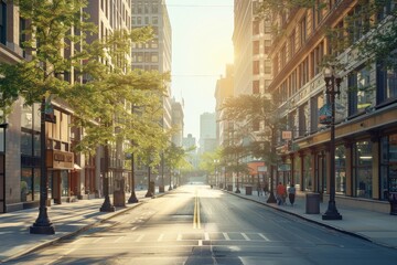 A quiet city street comes to life as morning sunlight streams between tall buildings, showcasing plants and a peaceful atmosphere with a few pedestrians.