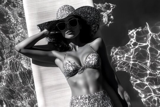 Young sensual lovely woman in bikini swimming and relaxing in swimming pool. Summer holiday. Girl swims in the pool of a luxury hotel, summer vacation. Spa, wellness.