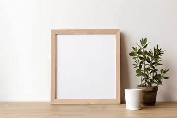 Mockup of an empty wooden frame on a shelf, against a light wall