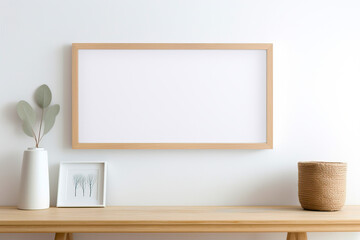 Mockup of an empty wooden frame on a shelf, against a light wall