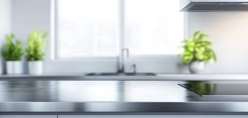 Stainless steel counter with a blurred kitchen background, focusing on clean design and minimalist cooking space, modern culinary environment
