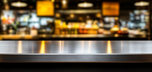 Stainless steel counter with a blurred kitchen background, focusing on clean design and minimalist cooking space, modern culinary environment