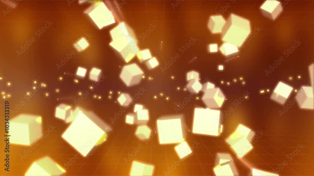 Wall mural abstract 3d geometric background with glowing cubes in perspective on orange grid.