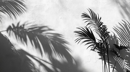 Abstract shadows of palm leaves on a white wall, creating a black-and-white effect. 
