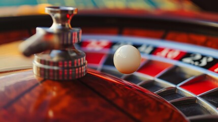 Close-up of a roulette ball on red, marking a pivotal moment in a game of chance and strategy.