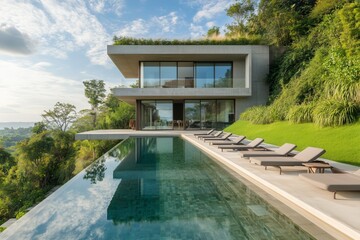 Fototapeta premium Luxury Modern Minimalist Villa with Infinity Pool Overlooking Scenic Lush Green Hillside
