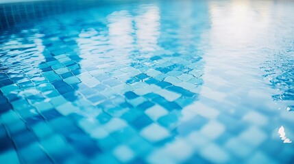 Blurred top view of a blue mosaic swimming pool texture with reflective tiles