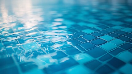 Obraz premium Blurred top view of a blue mosaic swimming pool texture with reflective tiles