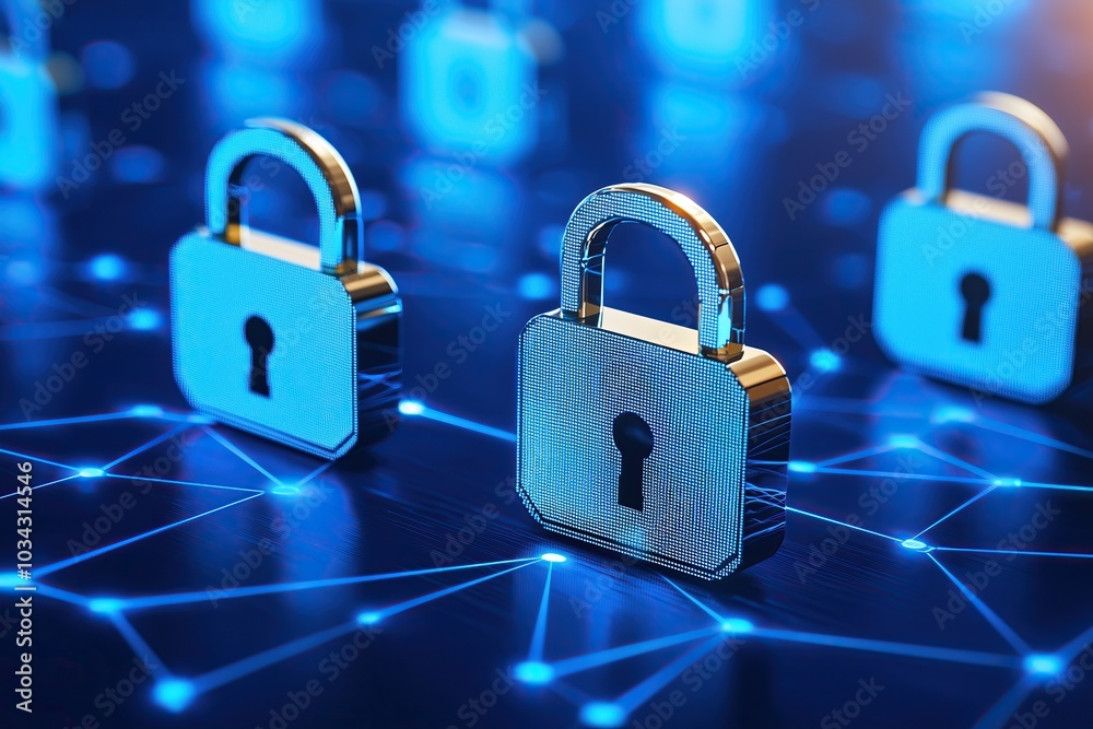 Aufkleber metallic padlocks on blue network background cyber security hacking concept technology