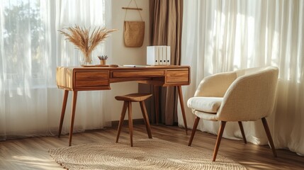 Fototapeta premium Bohemian-style home office with a stylish desk, armchair, and dried flowers, offering ample space for notes -