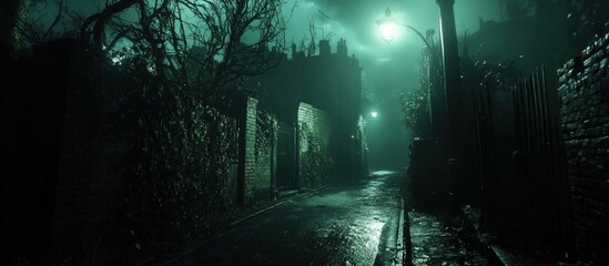 Obraz premium A mysterious and eerie alleyway shrouded in fog, illuminated by a streetlight casting a green glow.