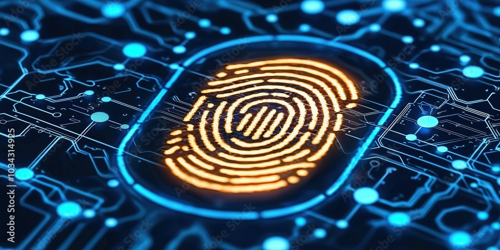 Poster glowing fingerprint on circuit board technology cybersecurity secure