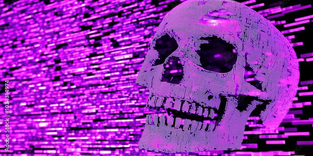 Poster abstract digital skull made of pixels against glitching purple background