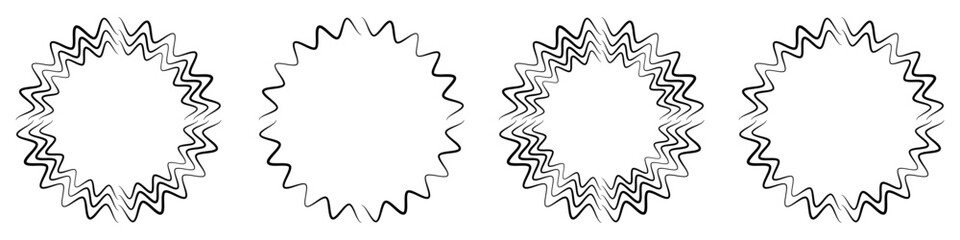 Abstract geometric design in circle shape with spiral lines. Radial rotating shape. Set of four geometric starburst circular shape design element.