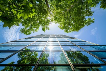 The view upward showcases a sleek glass building surrounded by lush green trees, bathed in sunlight against a clear blue sky, creating a serene urban contrast.