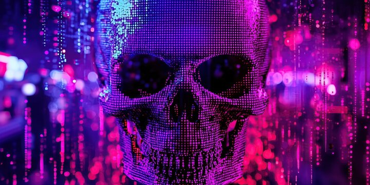 digital skull glows in purple pink hues technology cybersecurity hacking threat - Powered by Adobe