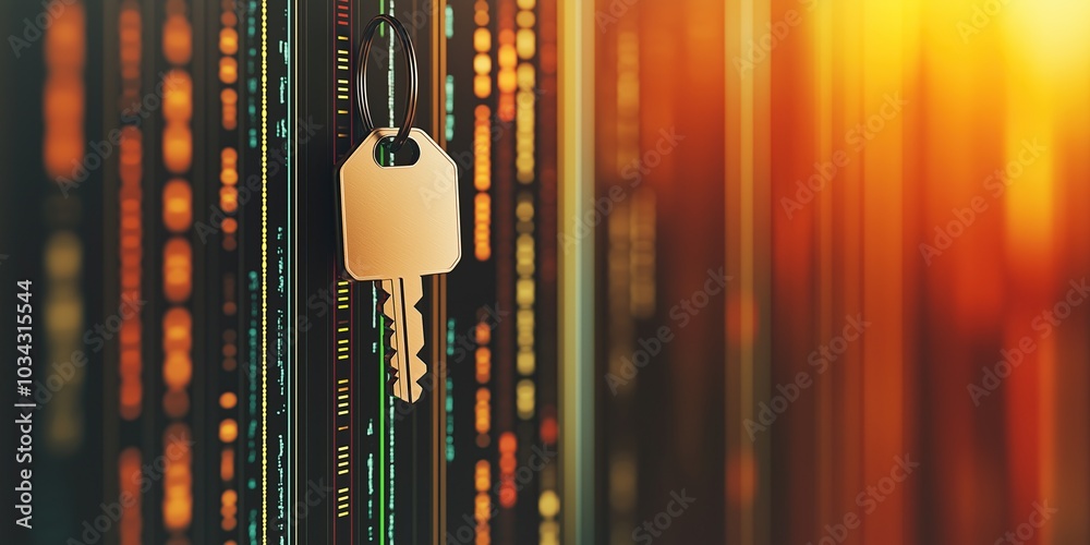 Poster golden key hangs in blurred background of lines of code binary encryption technology copy space