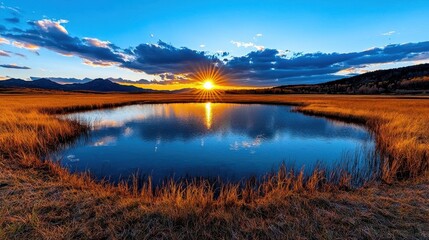 Fototapeta premium A photostock images of a serene landscape with the sun setting over a lake, creating reflections on the water, with a clean white background. High Quality