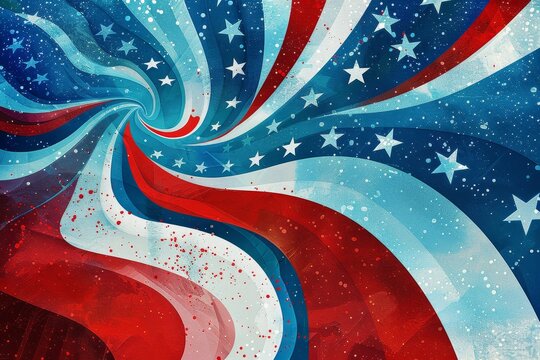 A vibrant swirl of red, white, and blue stripes intertwined with stars creates a dynamic sense of movement, capturing the essence of patriotism during a festive celebration.