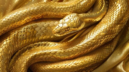 Fototapeta premium Close-up of intertwined golden snake with shiny textured scales. Abstract pattern for background, wallpaper or luxury designs